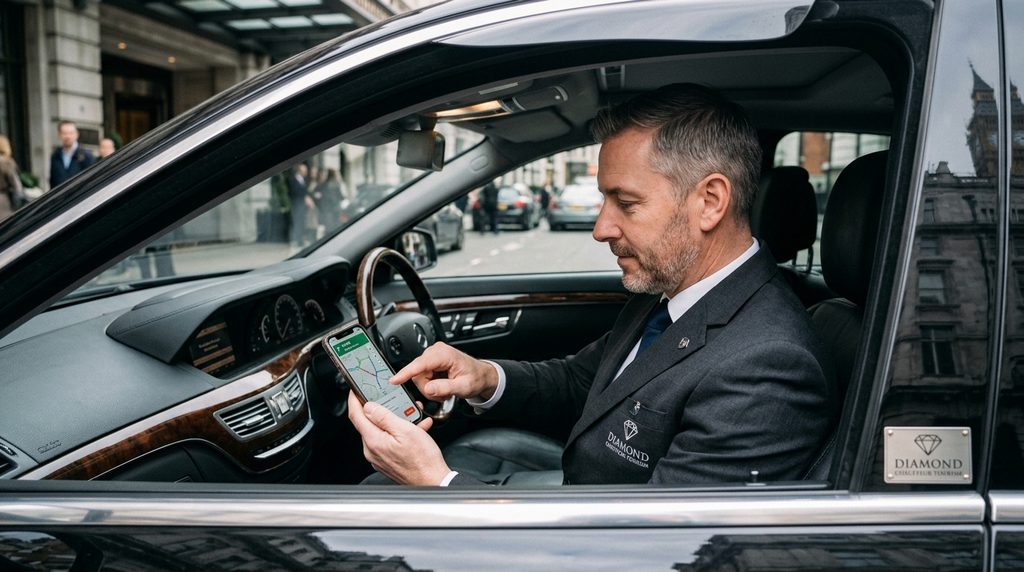 Diamond Chauffeur Tourism driver checking a navigation app before departure