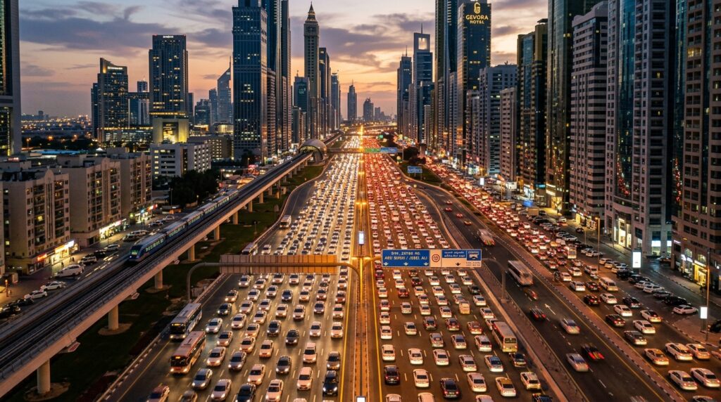 Sheikh Zayed Road traffic, wide shot showing congestion during evening rush hour