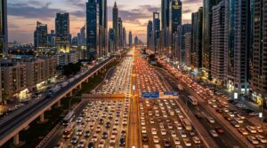 Sheikh Zayed Road traffic, wide shot showing congestion during evening rush hour