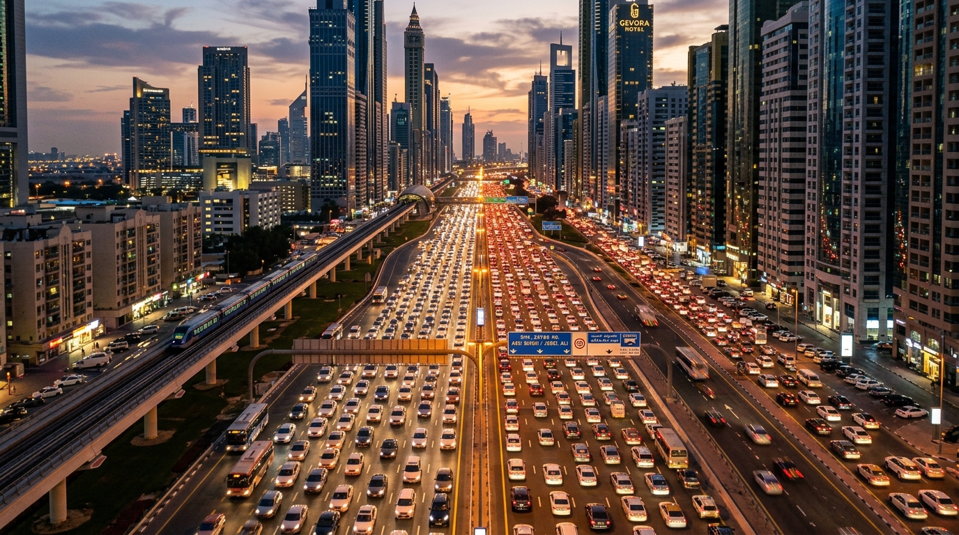 Sheikh Zayed Road traffic, wide shot showing congestion during evening rush hour