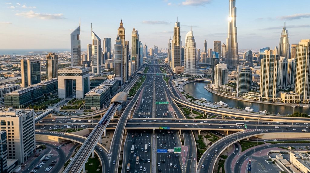 aerial view of Sheikh Zayed Road interchange near DIFC or Marina