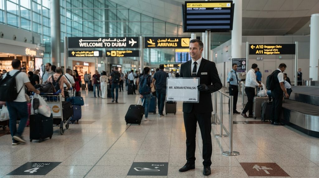 chauffeur assisting a passenger with luggage at arrivals