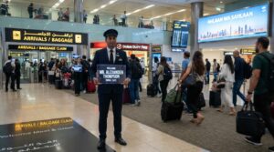 chauffeur holding a name board in Dubai Airport arrivals hall